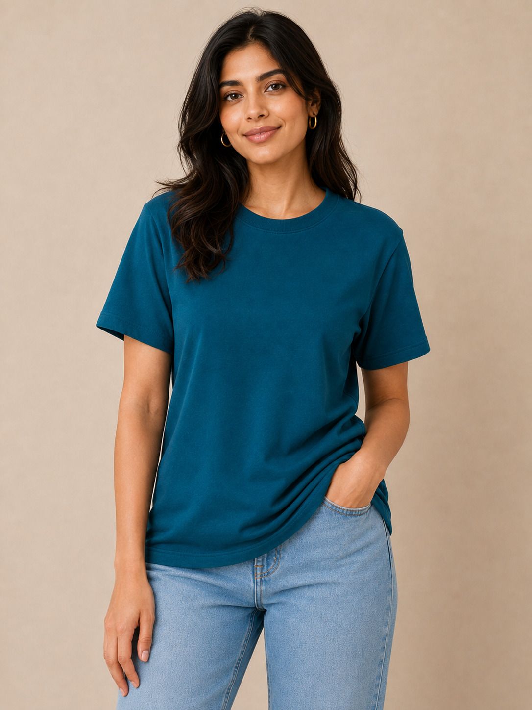 chaitree Women Solid Round Neck Viscose Rayon Blue T-Shirt-picture-11