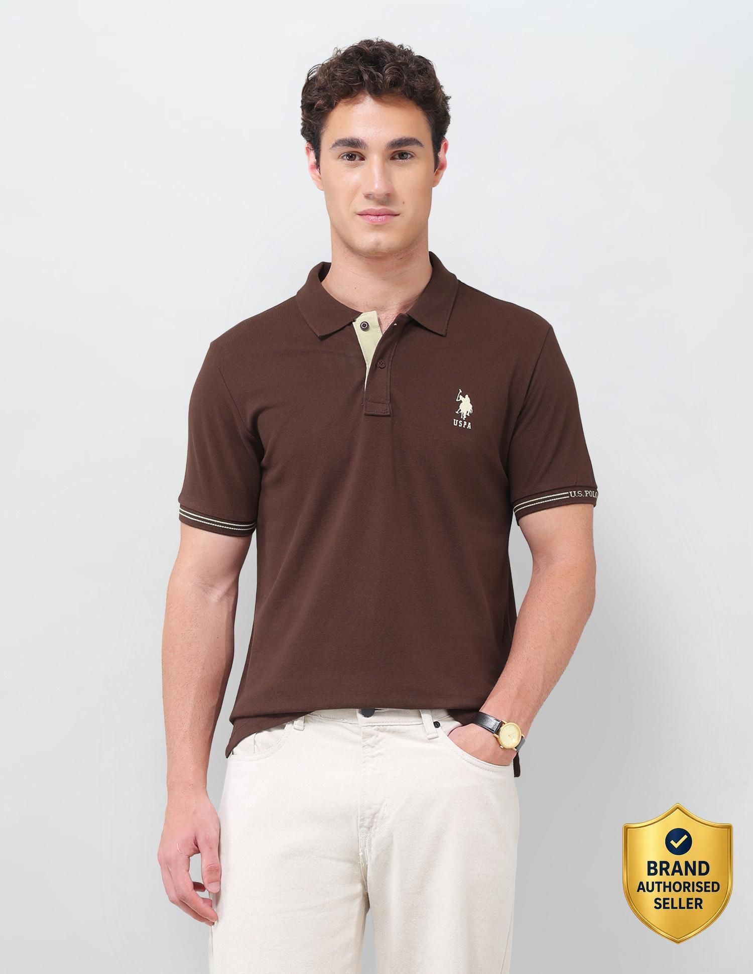 Men Embroidered Polo Neck Cotton Blend Brown T-Shirt-image-41