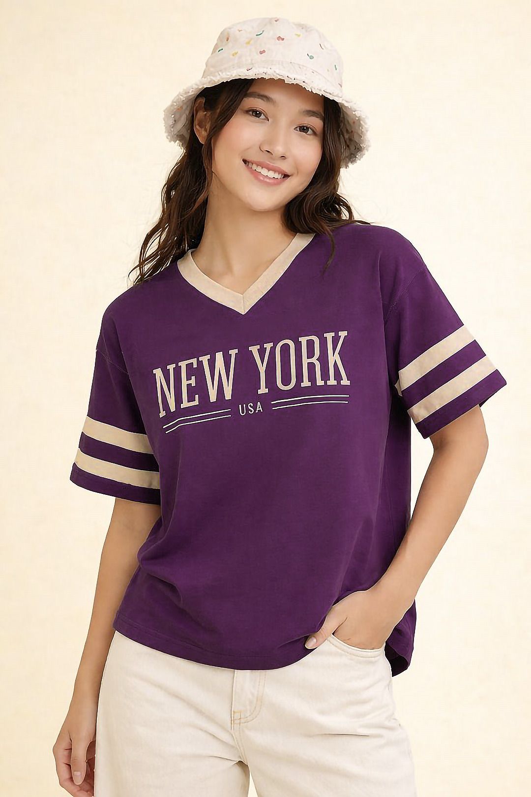 the dry state Women Printed V Neck Pure Cotton Purple T-Shirt-picture-19