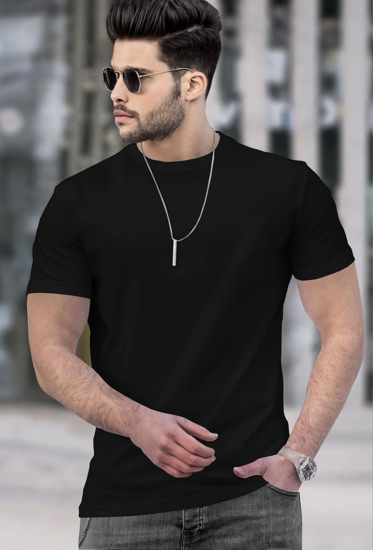 tripr Men Solid Round Neck Cotton Blend Black T-Shirt-picture-11
