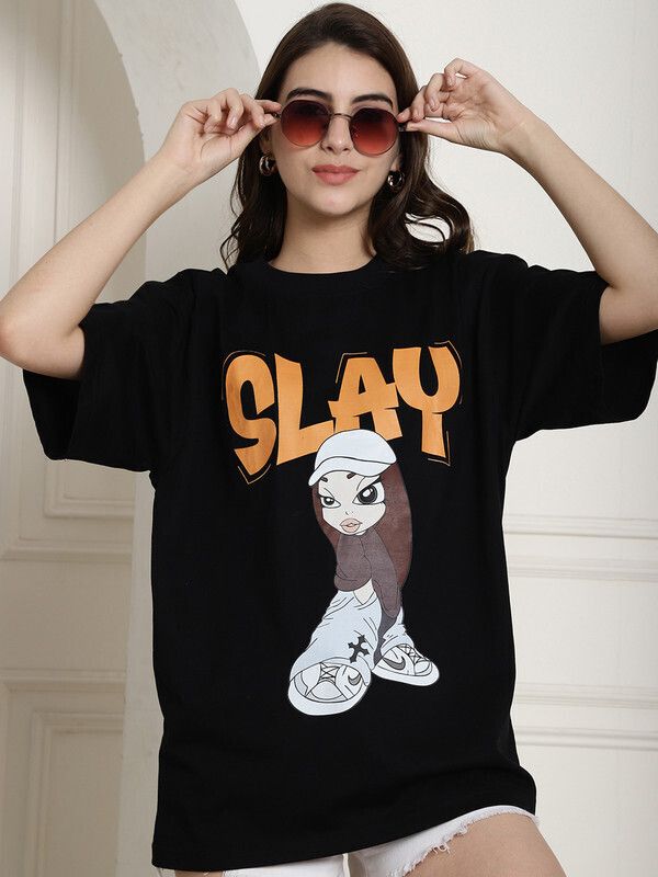 Typography, Printed Women Round Neck Cotton Blend Black T-Shirt-image-42