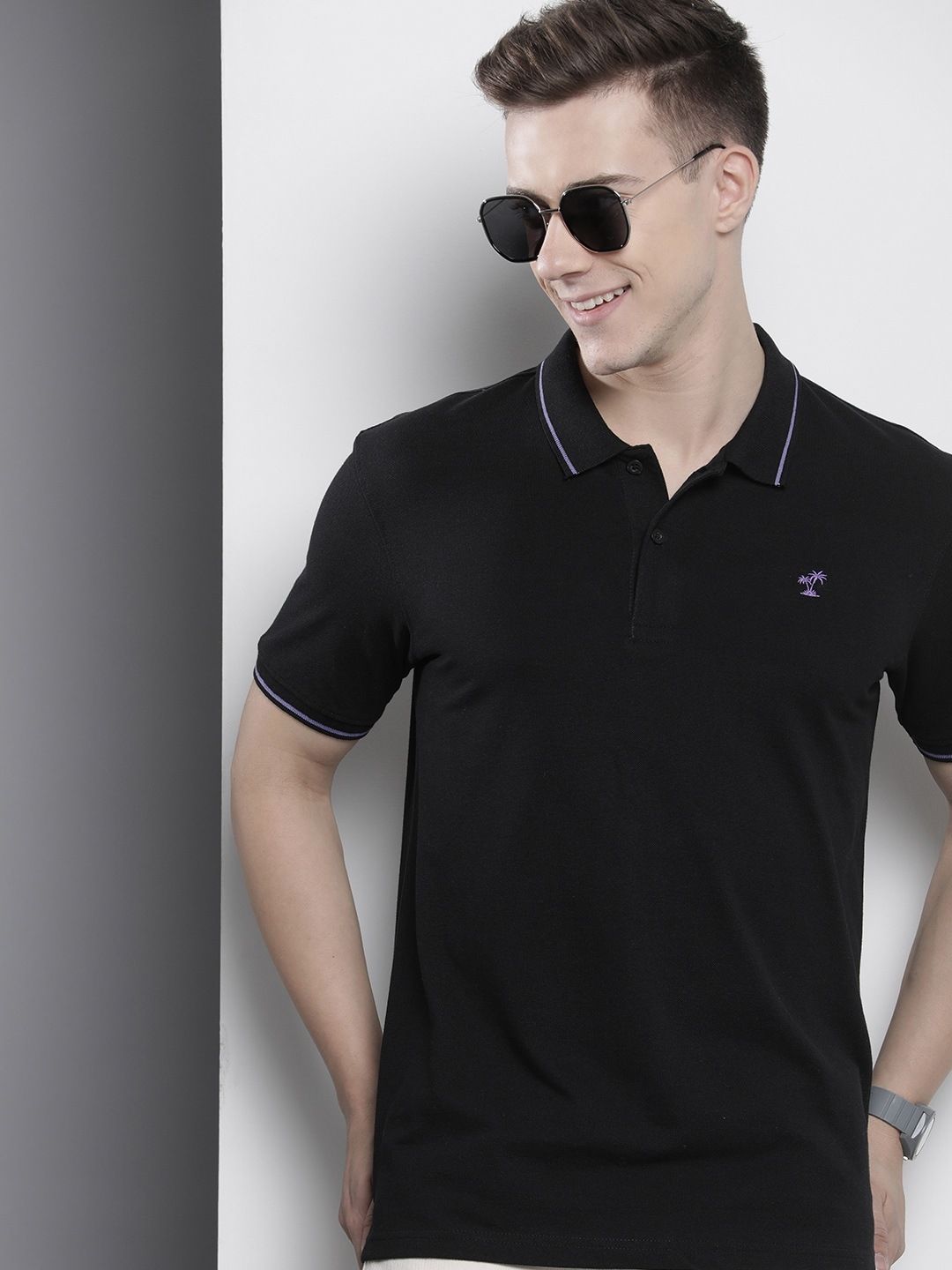 the indian garage co. Men Solid Polo Neck Cotton Blend Black T-Shirt-picture-12