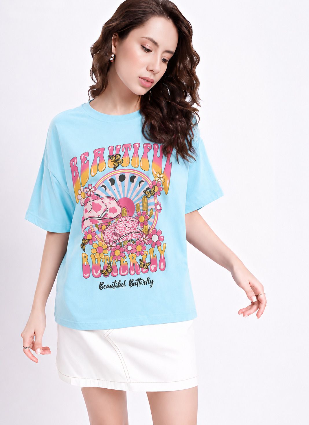 fabflee Women Printed Round Neck Cotton Blend Light Blue T-Shirt-picture-37