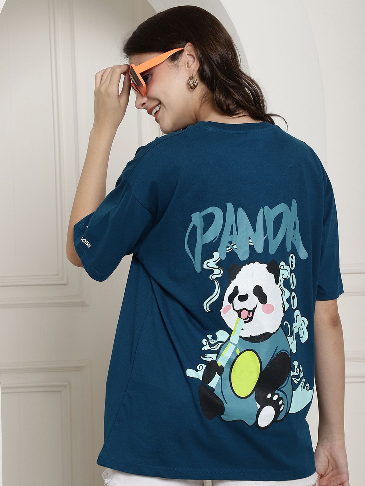 dreambe Women Printed Round Neck Pure Cotton Dark Blue T-Shirt-picture-20
