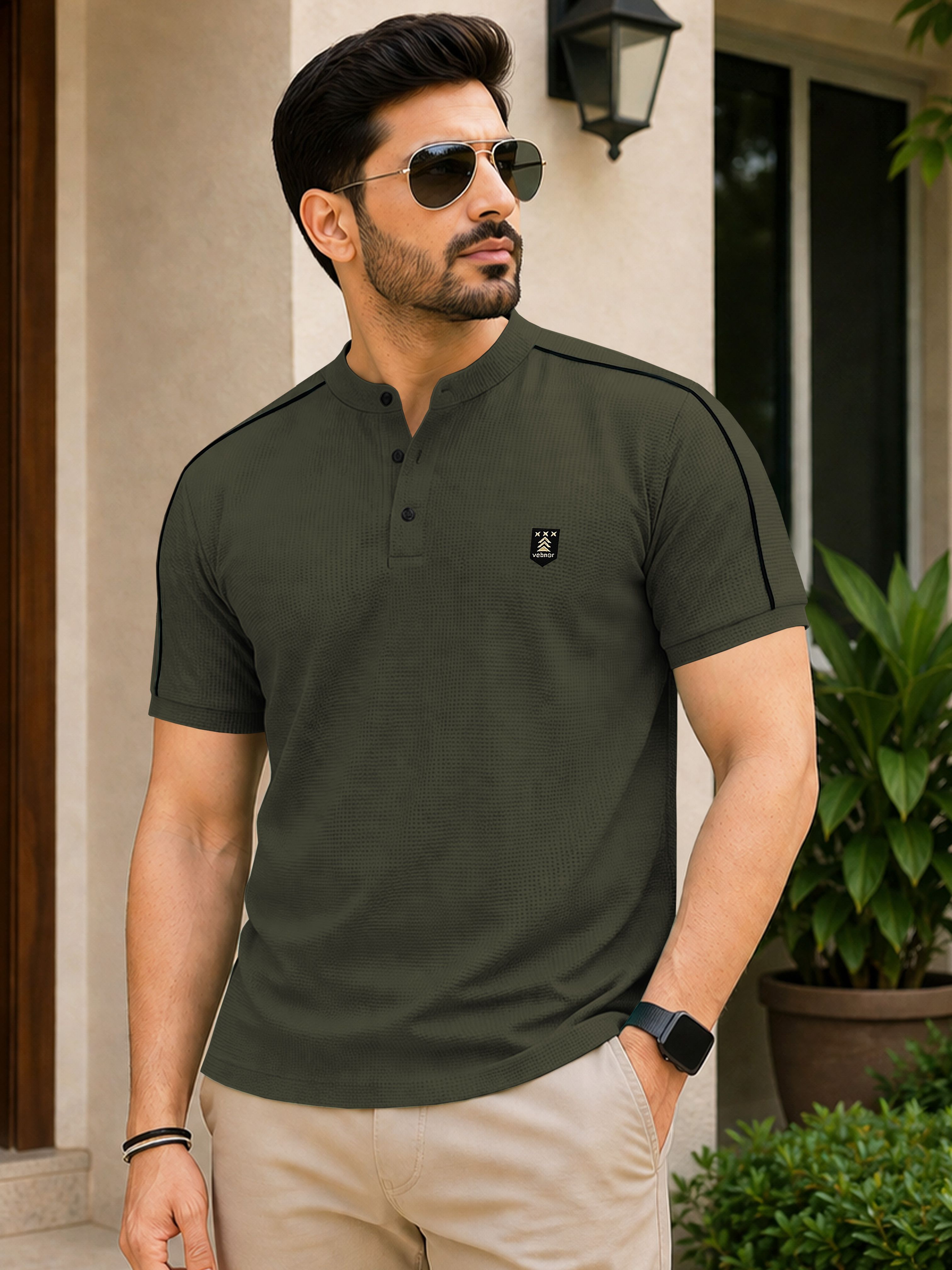 vebnor Men Self Design Polo Neck Cotton Blend Green T-Shirt-picture-28
