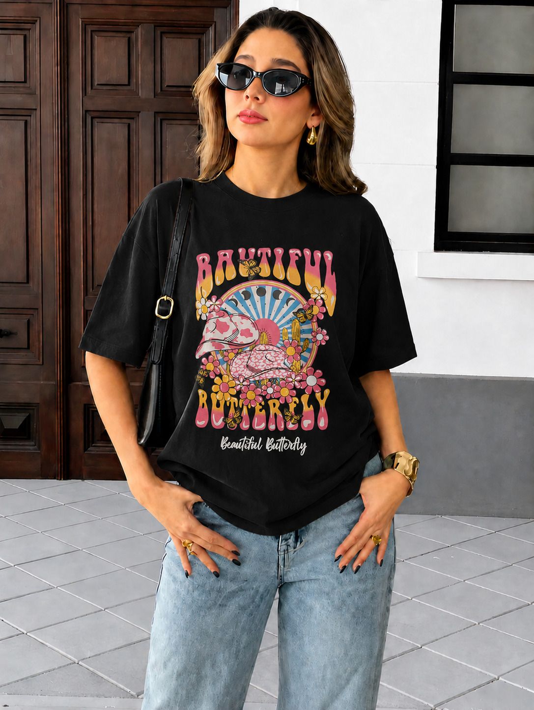 fabflee Women Printed Round Neck Cotton Blend Black T-Shirt-picture-39