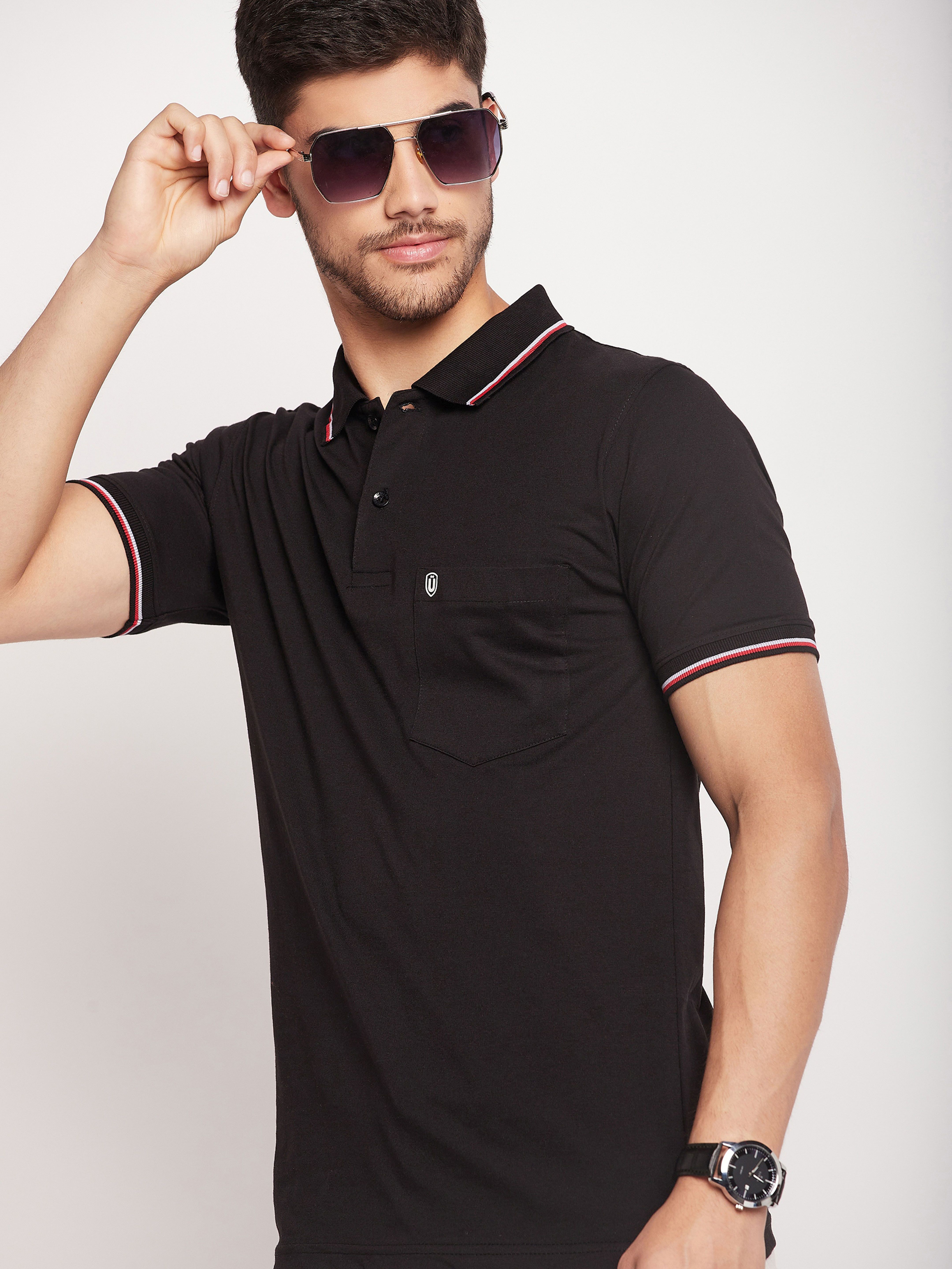 uniberry Men Solid Polo Neck Cotton Blend Black T-Shirt-picture-26
