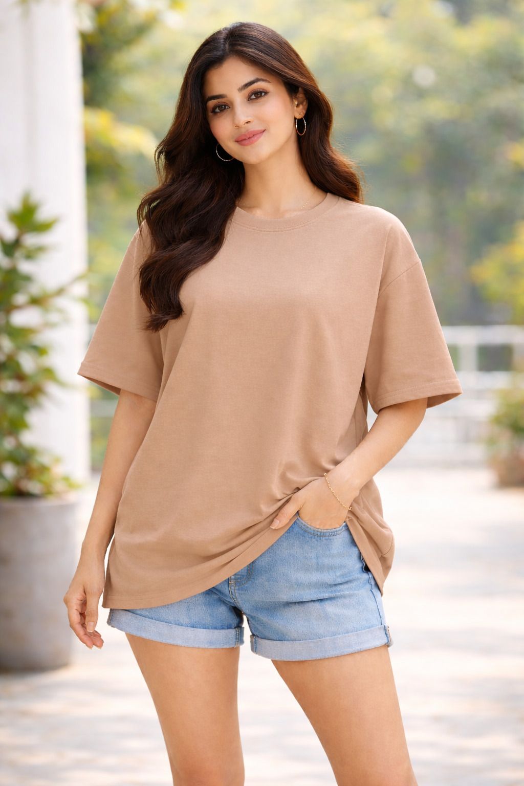 Women Solid Round Neck Cotton Blend Beige T-Shirt