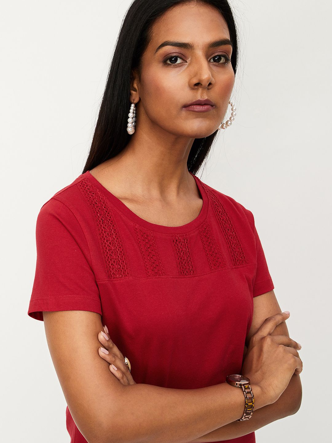 max Women Printed, Self Design Round Neck Pure Cotton Red T-Shirt-picture-16