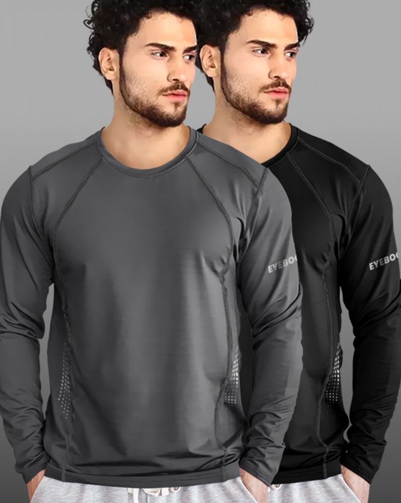 eyebogler Pack of 2 Men Solid Round Neck Polyester Black, Grey T-Shirt-picture-14