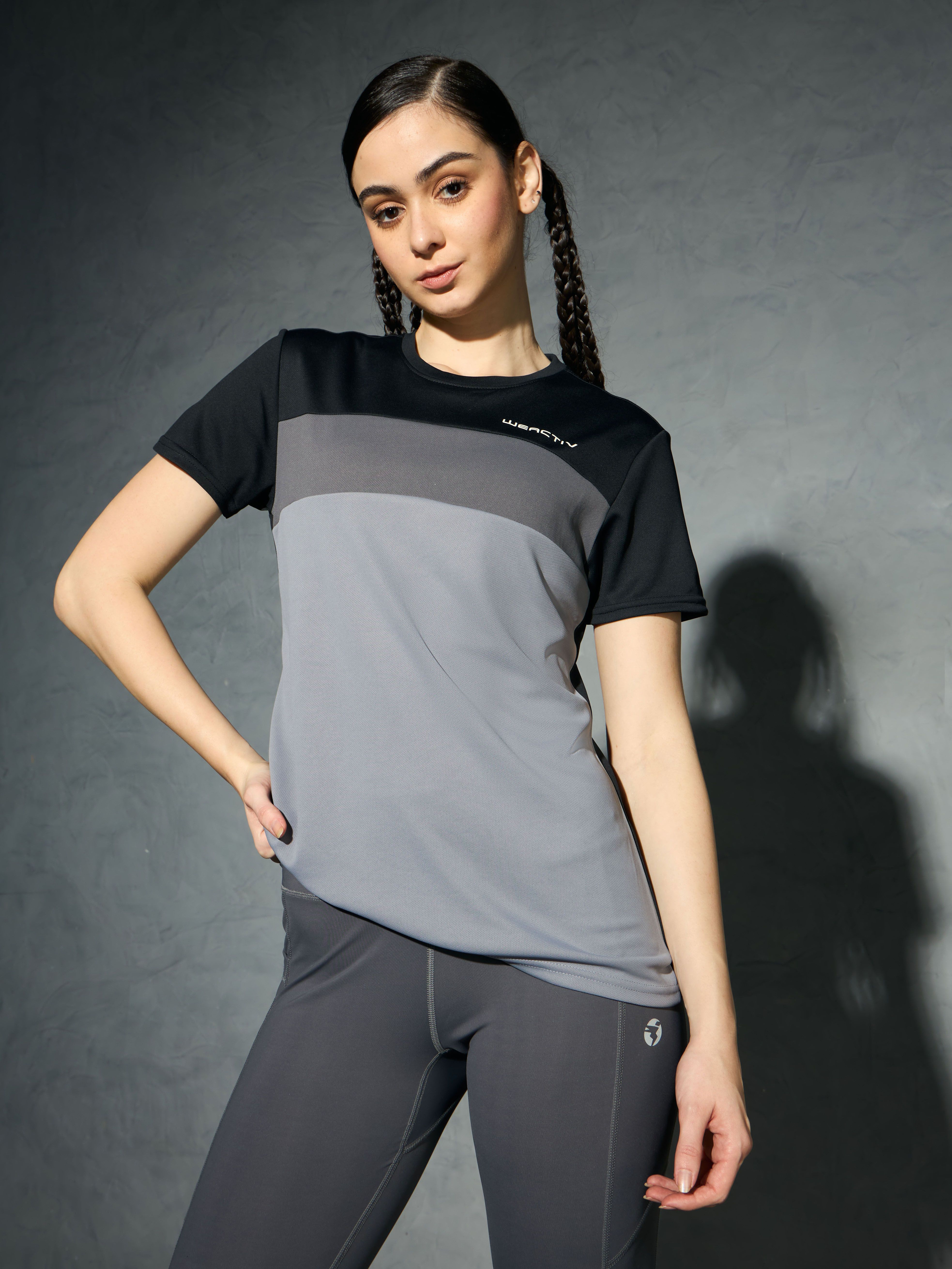 Women Colorblock Crew Neck Polyester Black T-Shirt-image-44