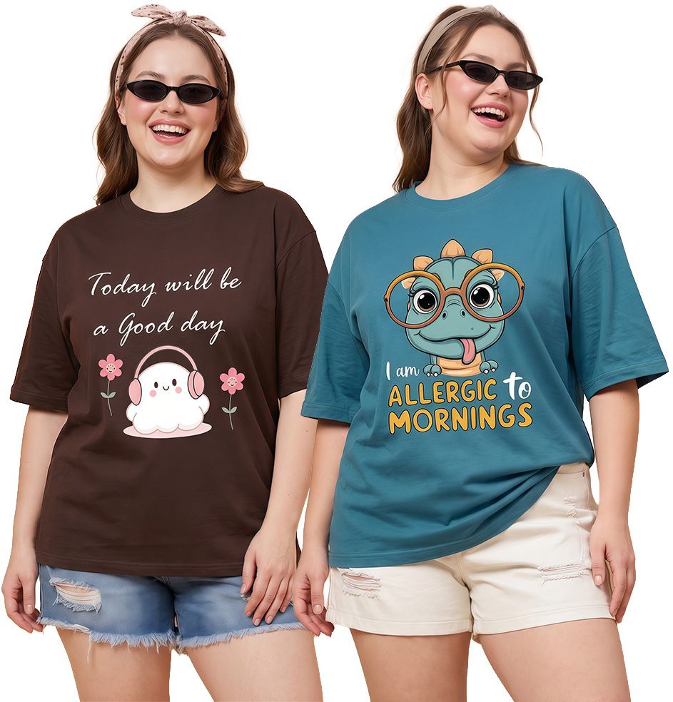 shonisha Pack of 2 Women Printed Round Neck Pure Cotton Brown, Blue T-Shirt-picture-19
