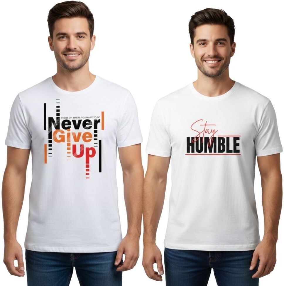 vkv fshion Pack of 2 Men Graphic Print Round Neck Cotton Blend White T-Shirt-picture-20