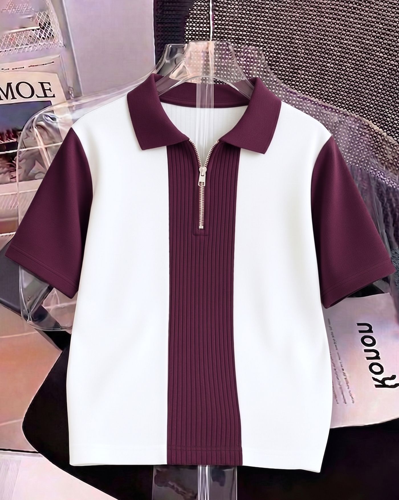 Women Self Design Polo Neck Cotton Blend White, Maroon T-Shirt-image-28