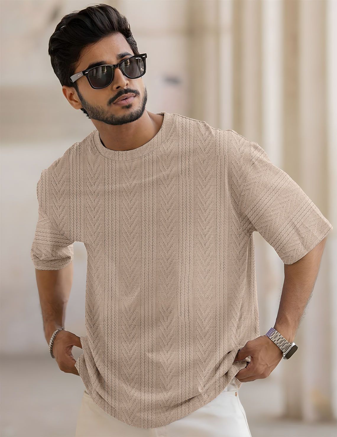 Men Self Design Round Neck Polyester Beige T-Shirt-image-40