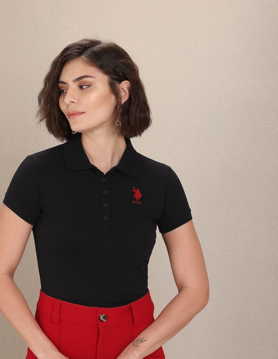 u.s. polo assn. Women Solid Polo Neck Cotton Blend Black T-Shirt-picture-16