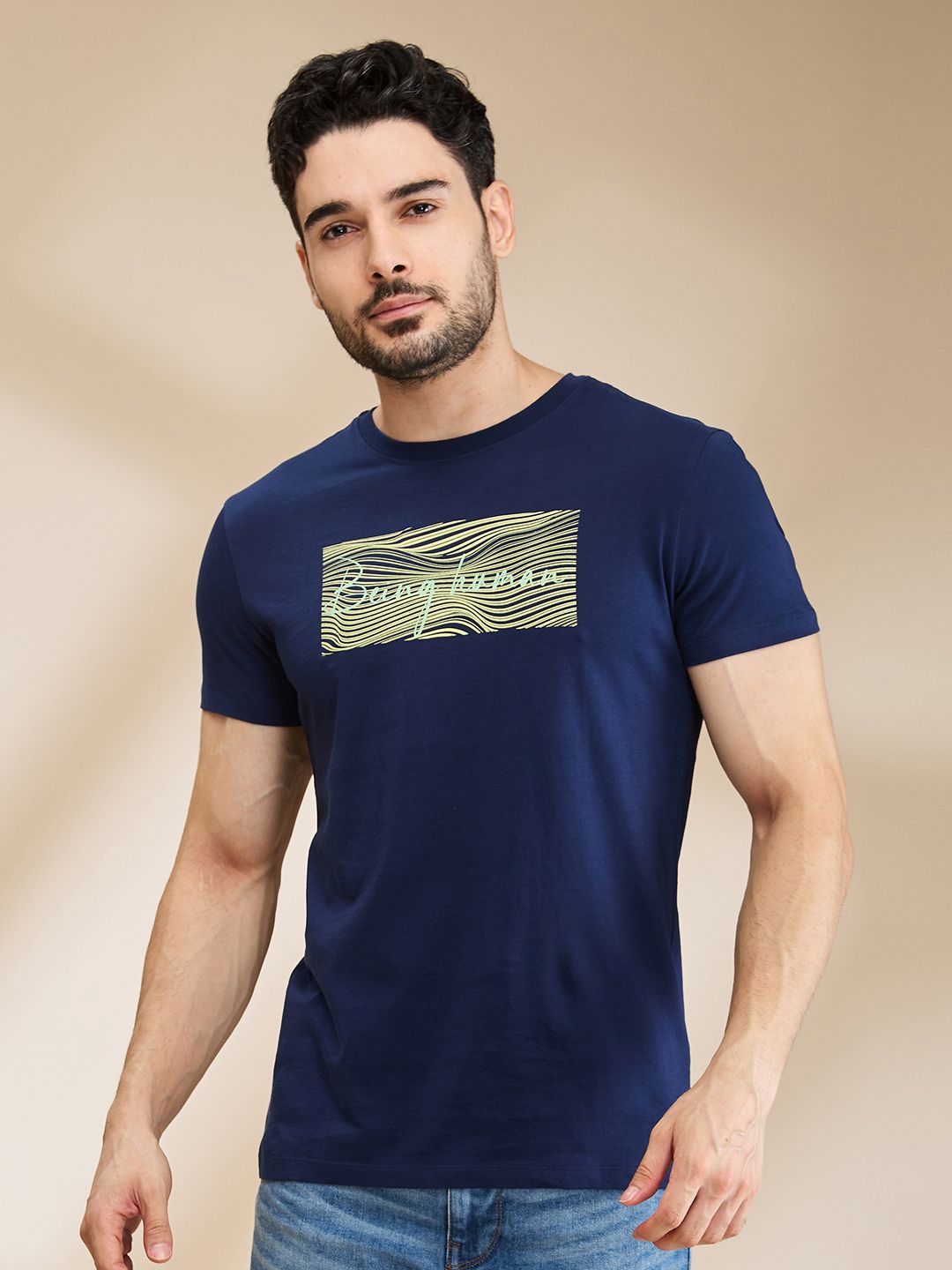 Dark Blue Regular Fit Men's Short Sleeves T-Shirt by Being Human Clothing Men Printed Crew Neck Cotton Blend Dark Blue T-Shirt-image-34