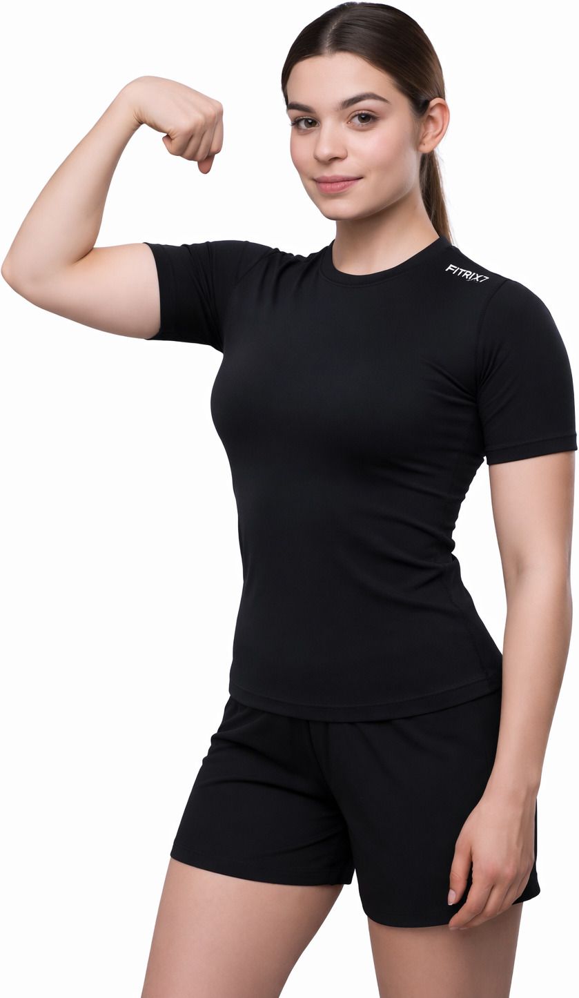Women Solid Round Neck Nylon Black T-Shirt-image-22
