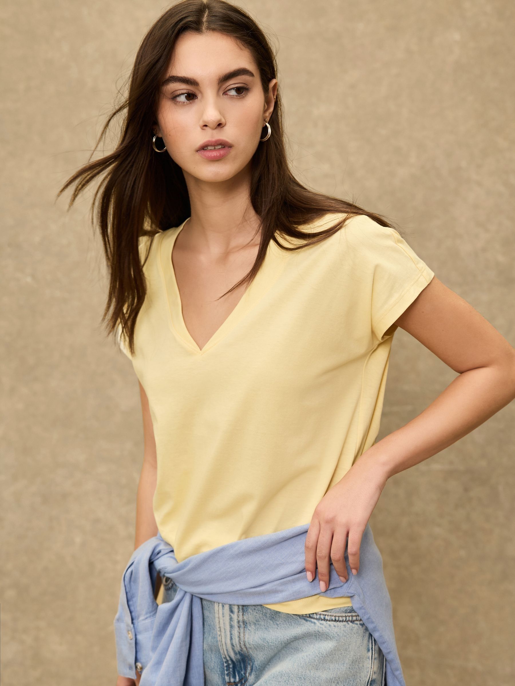 kotty Women Solid V Neck Cotton Blend Yellow T-Shirt-picture-21