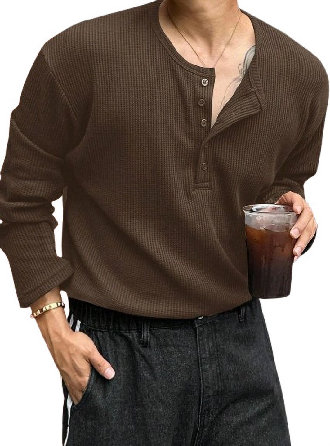 lifemoon Men Self Design Henley Neck Cotton Blend Brown T-Shirt-picture-10