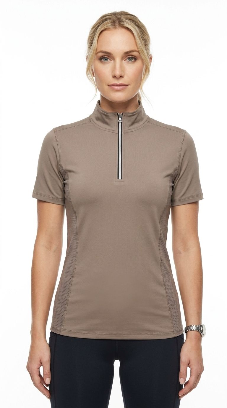 Women Solid, Self Design Zip Neck Polyester Brown T-Shirt-image-33