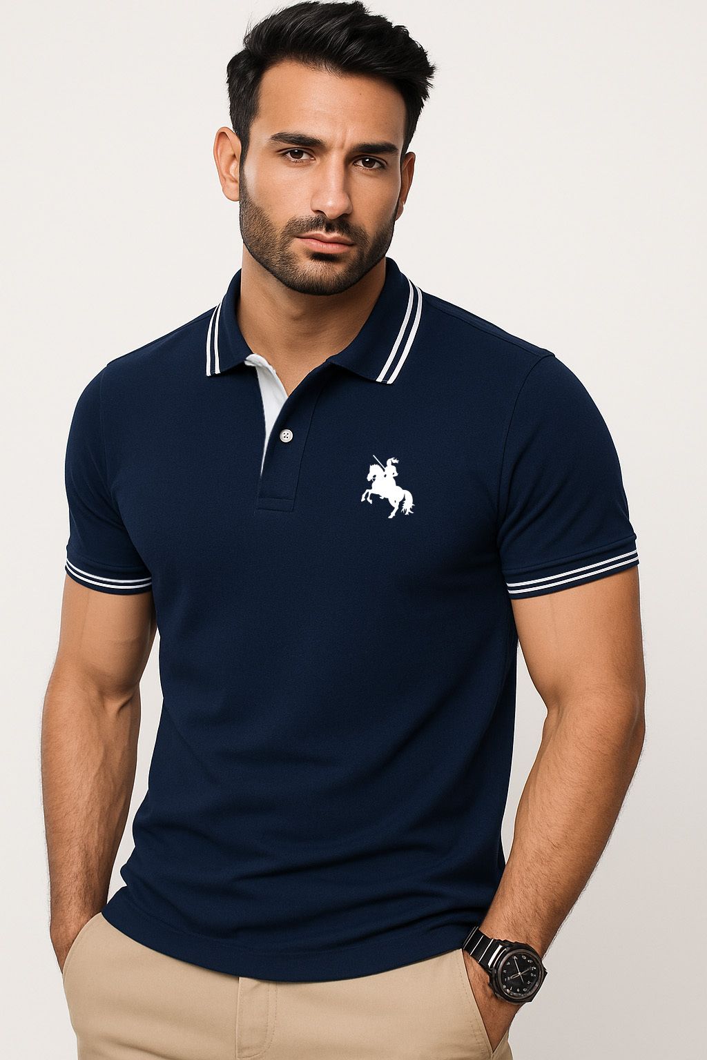 scatchite Men Solid Polo Neck Cotton Blend Navy Blue T-Shirt-picture-15
