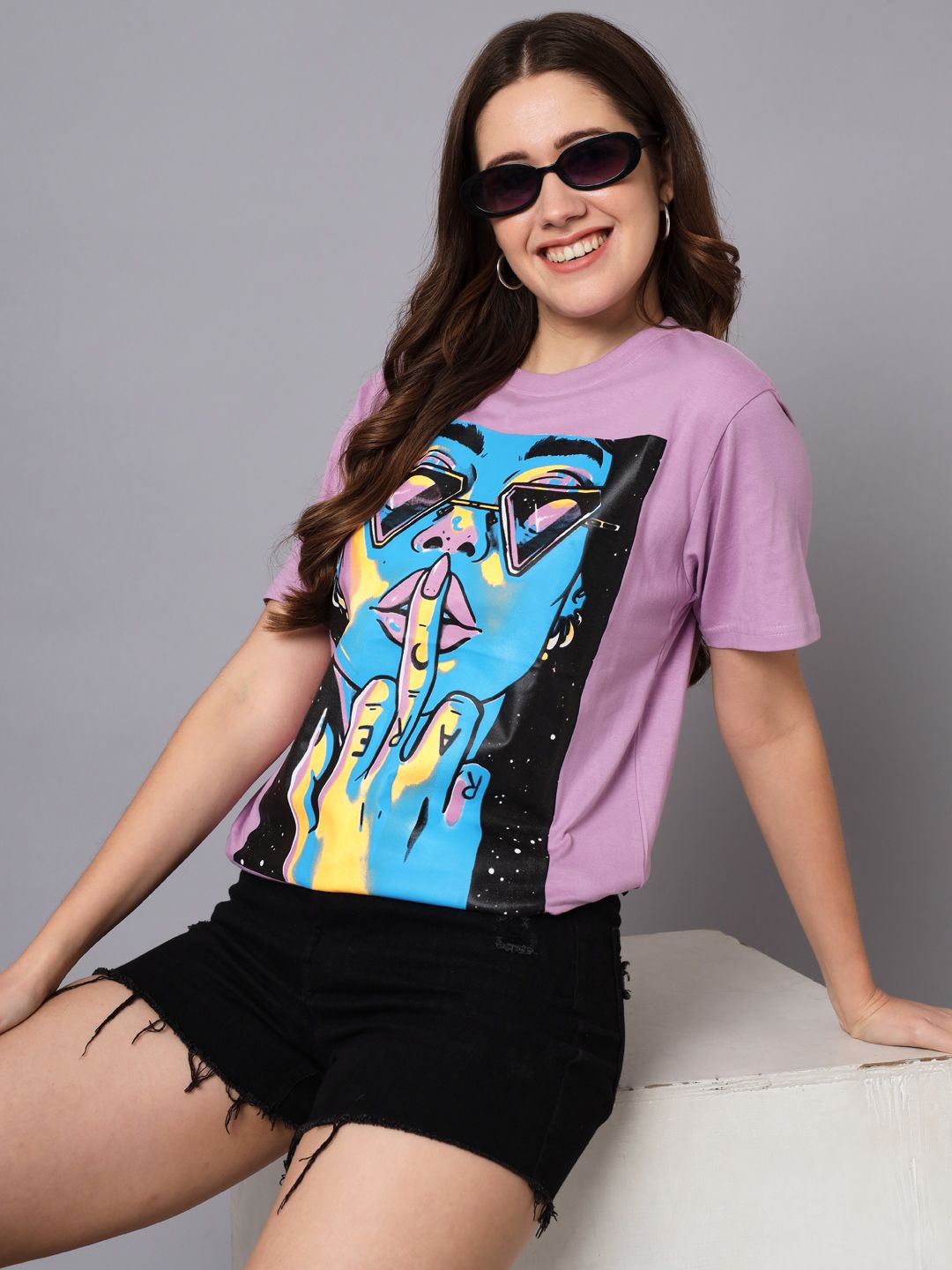 the dry state Women Printed Round Neck Pure Cotton Purple T-Shirt-picture-27