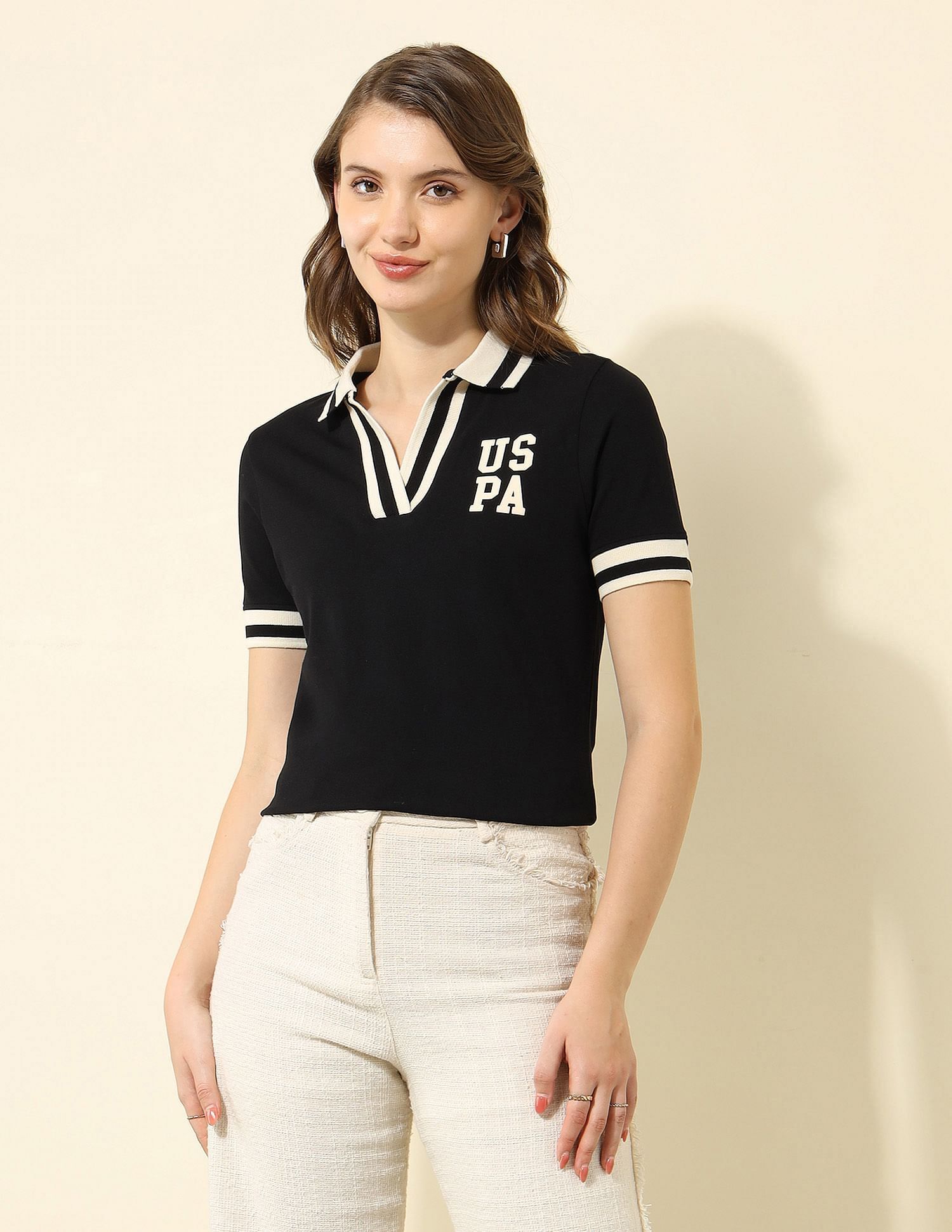 u.s. polo assn. Women Solid, Typography Polo Neck Cotton Blend Black T-Shirt-picture-17