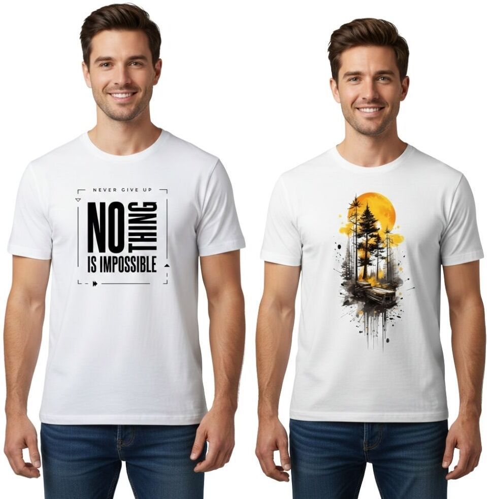 vkv fshion Pack of 2 Men Graphic Print Round Neck Cotton Blend White T-Shirt-picture-31