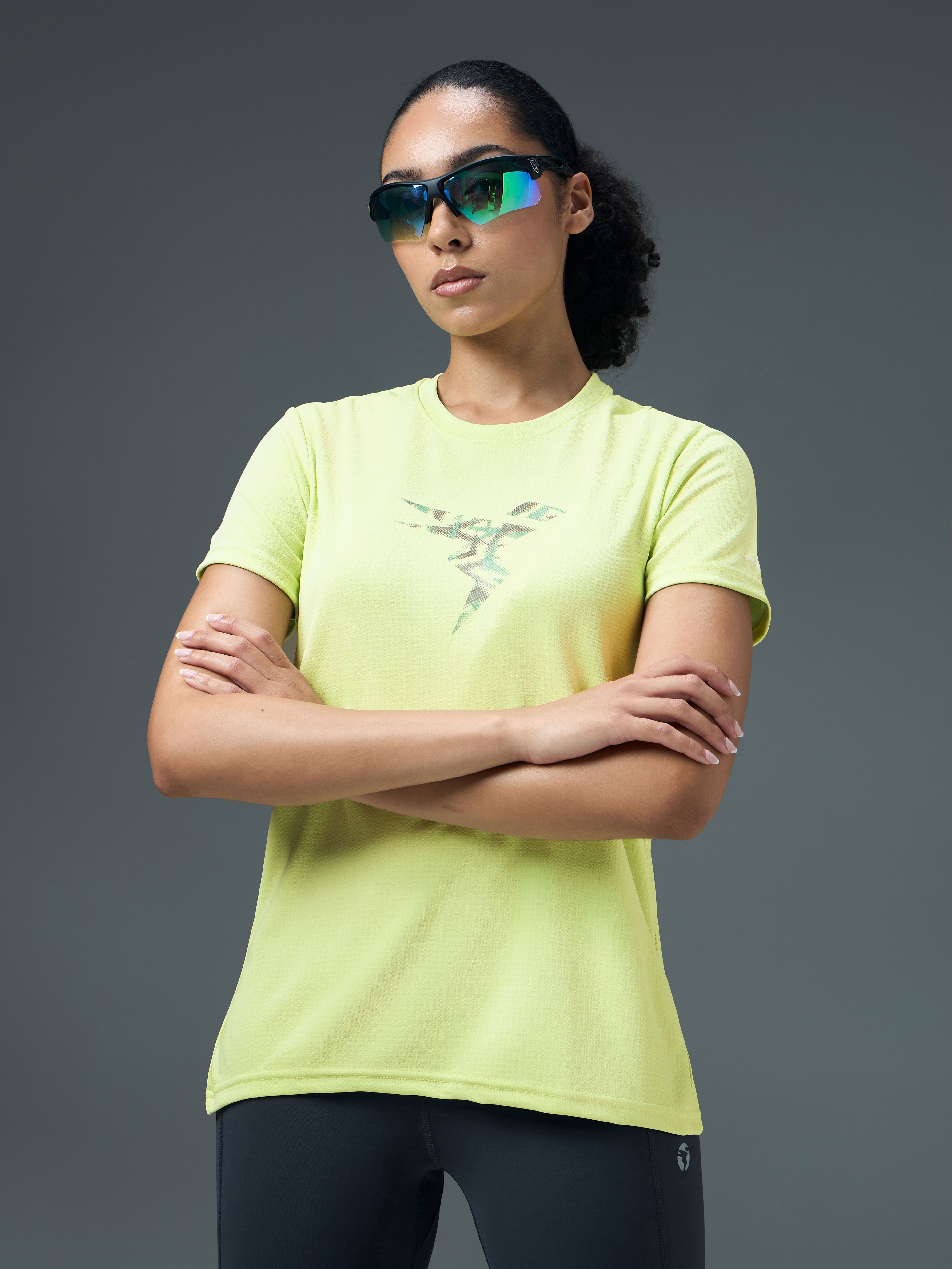 Women Sporty Crew Neck Polyester Light Green T-Shirt-image-36
