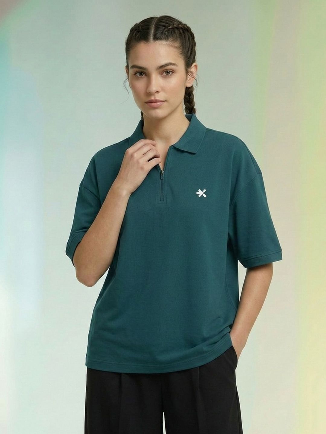 Women Printed Polo Neck Polyester Dark Green T-Shirt-image-47