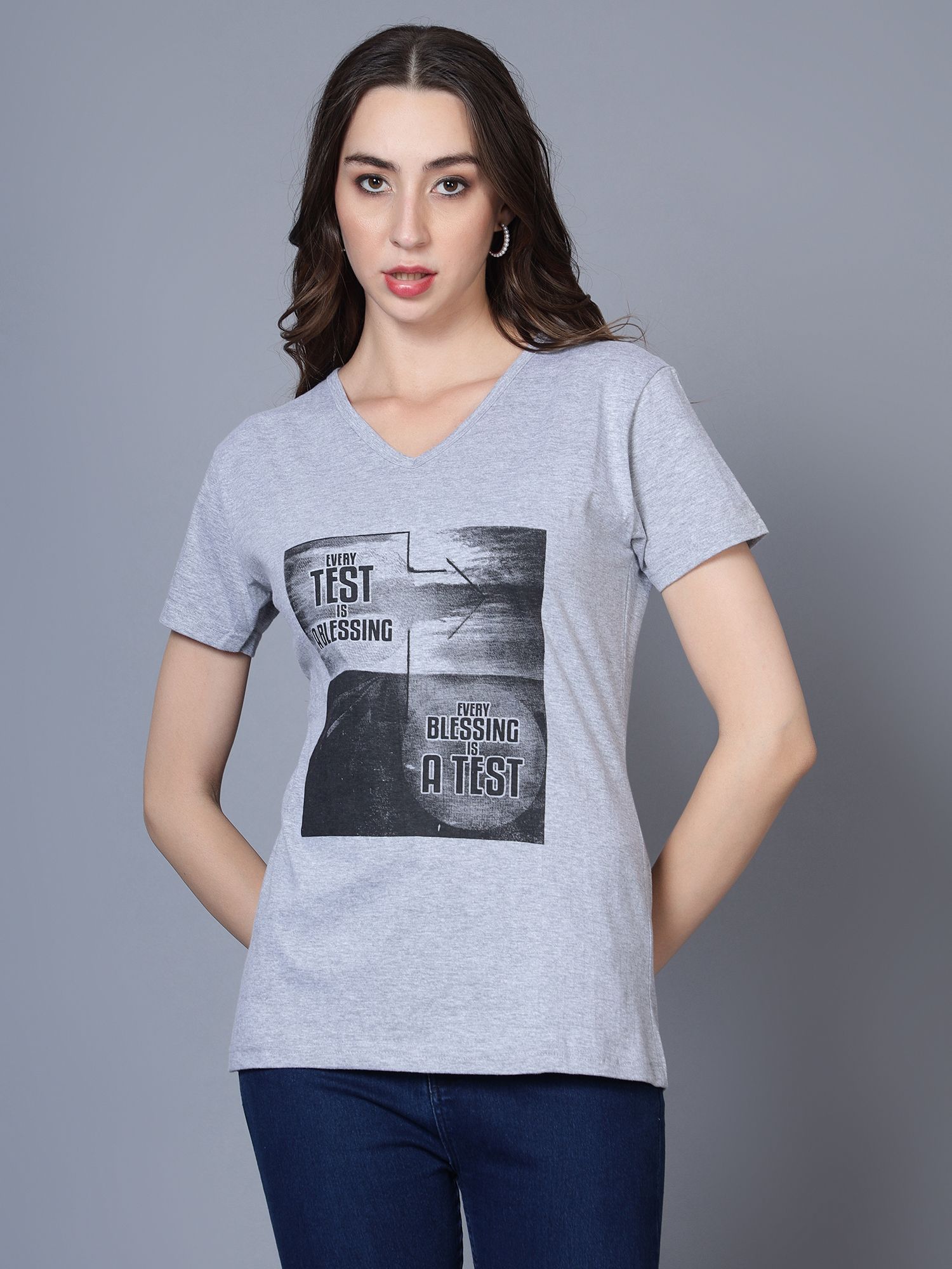 Women Typography V Neck Pure Cotton Grey T-Shirt-image-26