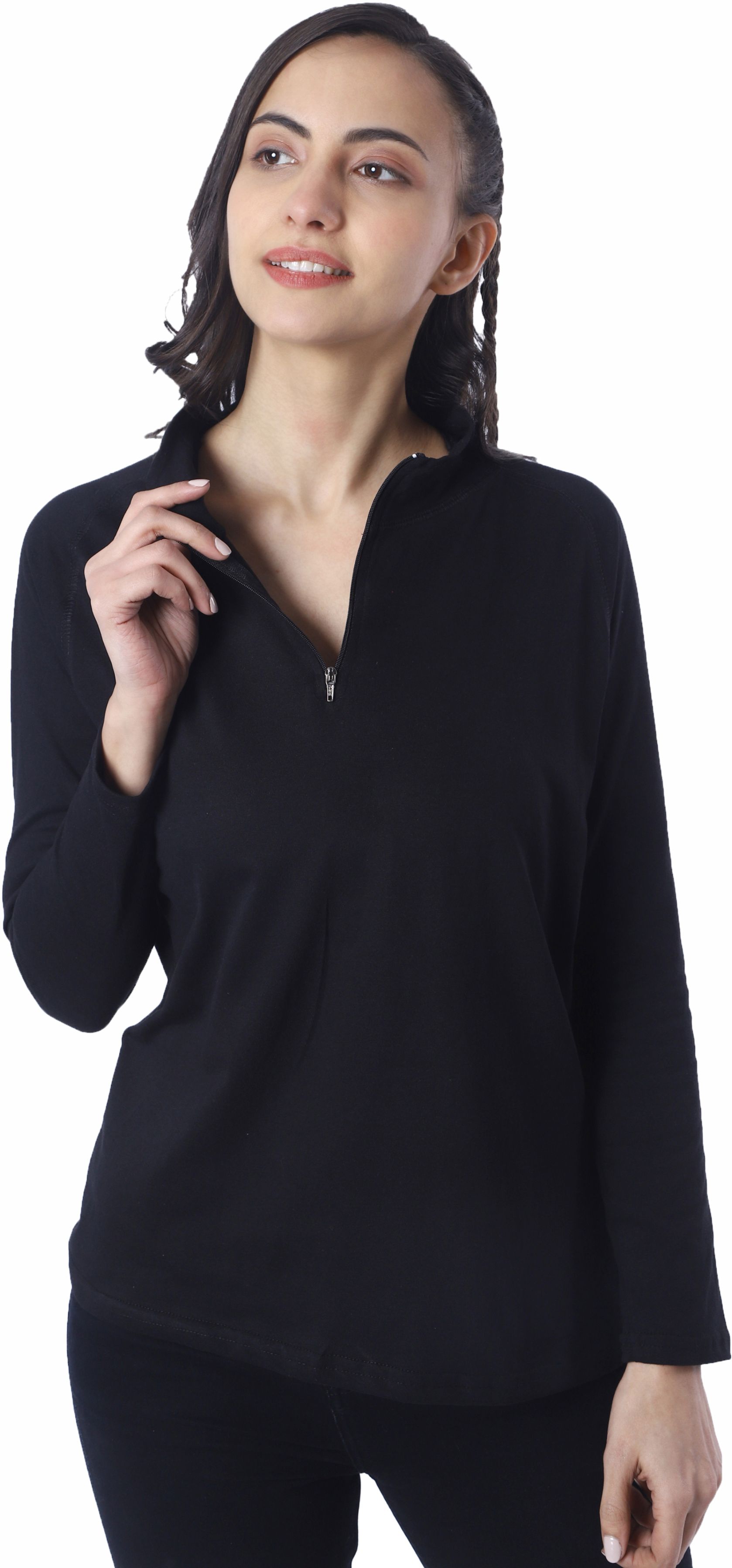 herway Women Solid Zip Neck Cotton Blend Black T-Shirt-picture-13