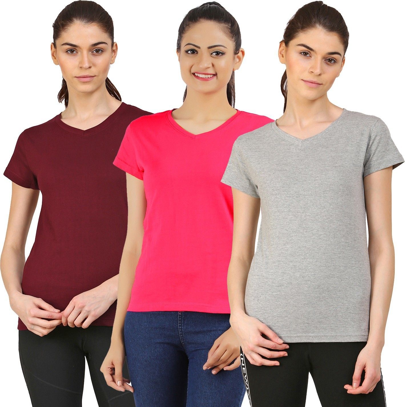 ap'pulse Pack of 3 Women Solid V Neck Cotton Blend Maroon, Pink, Grey T-Shirt-picture-30