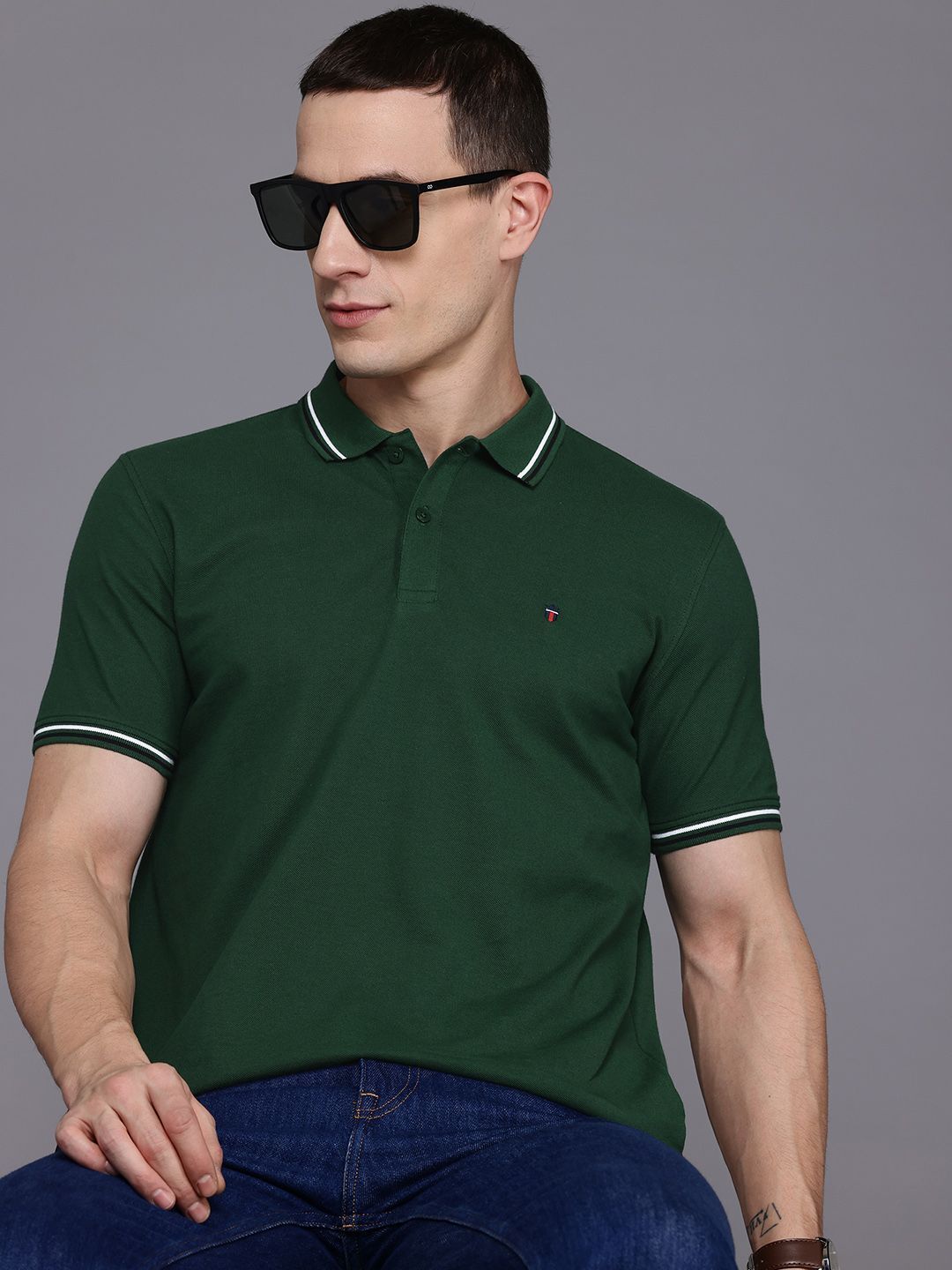 louis philippe sport Slim Fit Casual Men Solid Polo Neck Pure Cotton Dark Green T-Shirt-picture-15