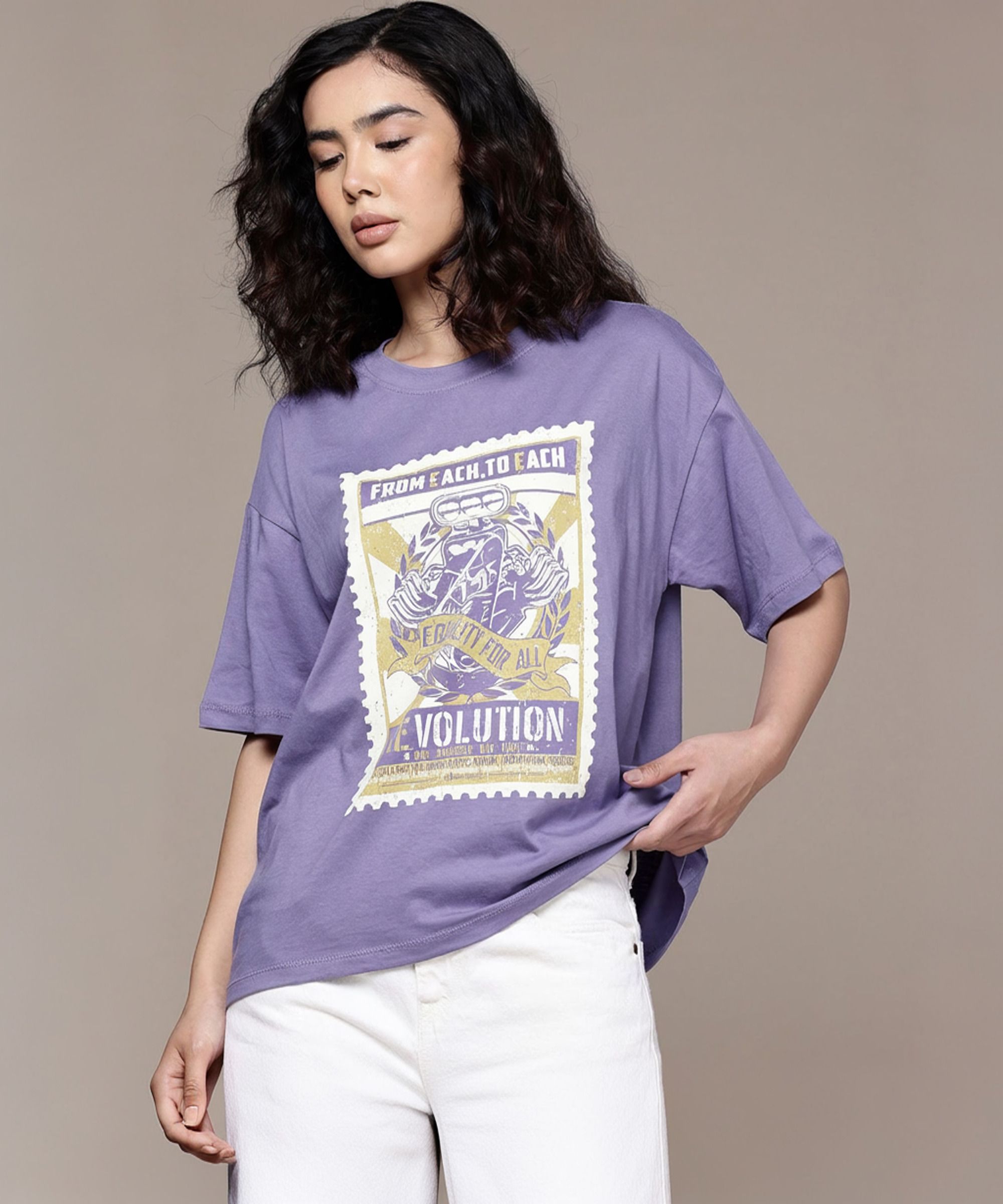 Women Printed Round Neck Pure Cotton Purple T-Shirt-image-22