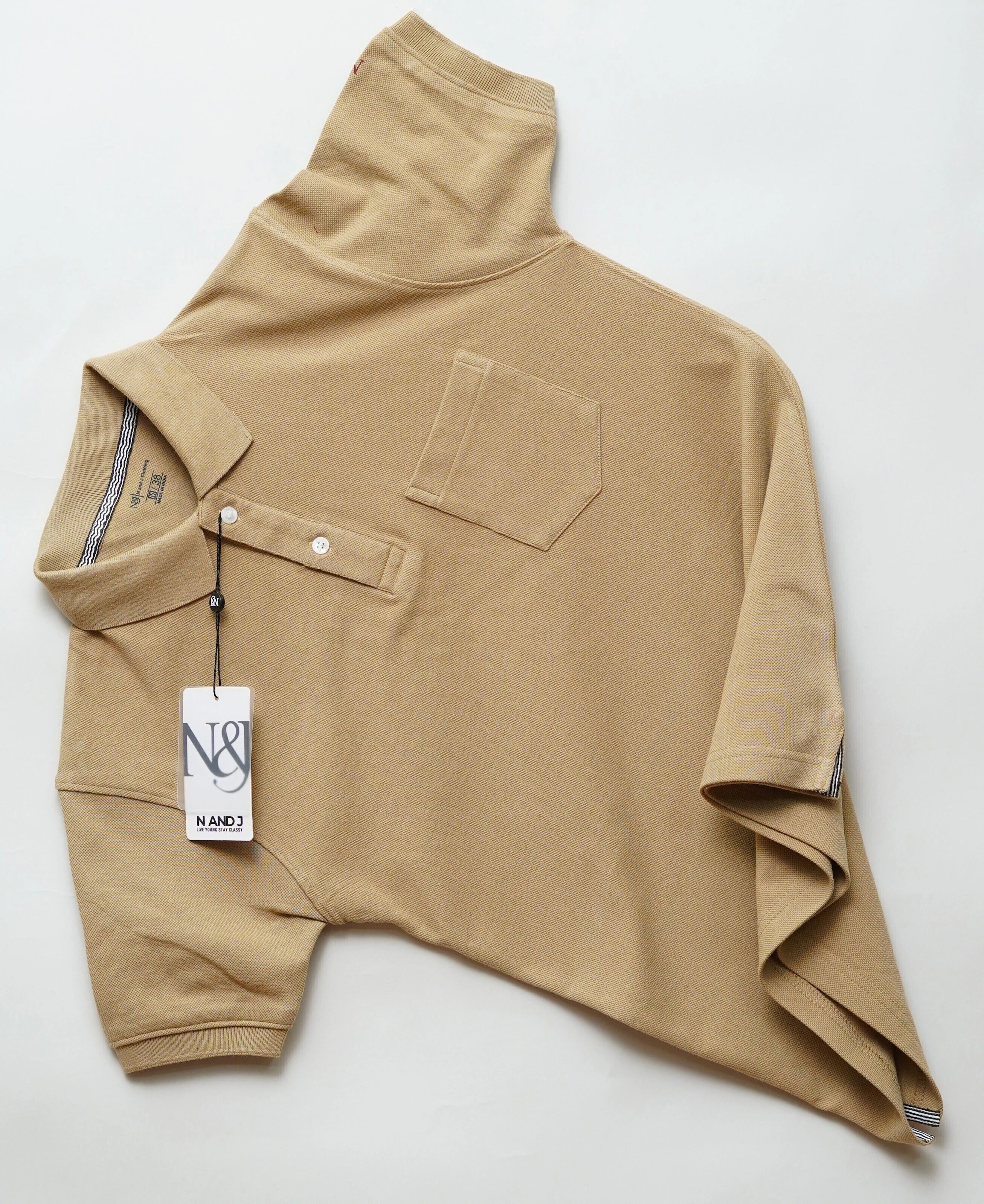 n and j Men Solid Polo Neck Pure Cotton Beige T-Shirt-picture-24