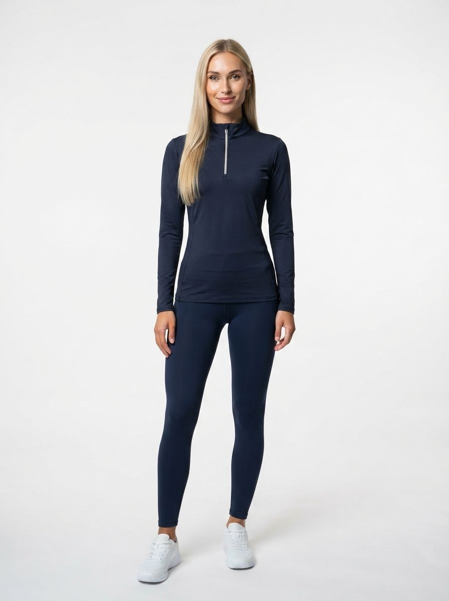 Women Solid Zip Neck Polyester Navy Blue T-Shirt-image-46