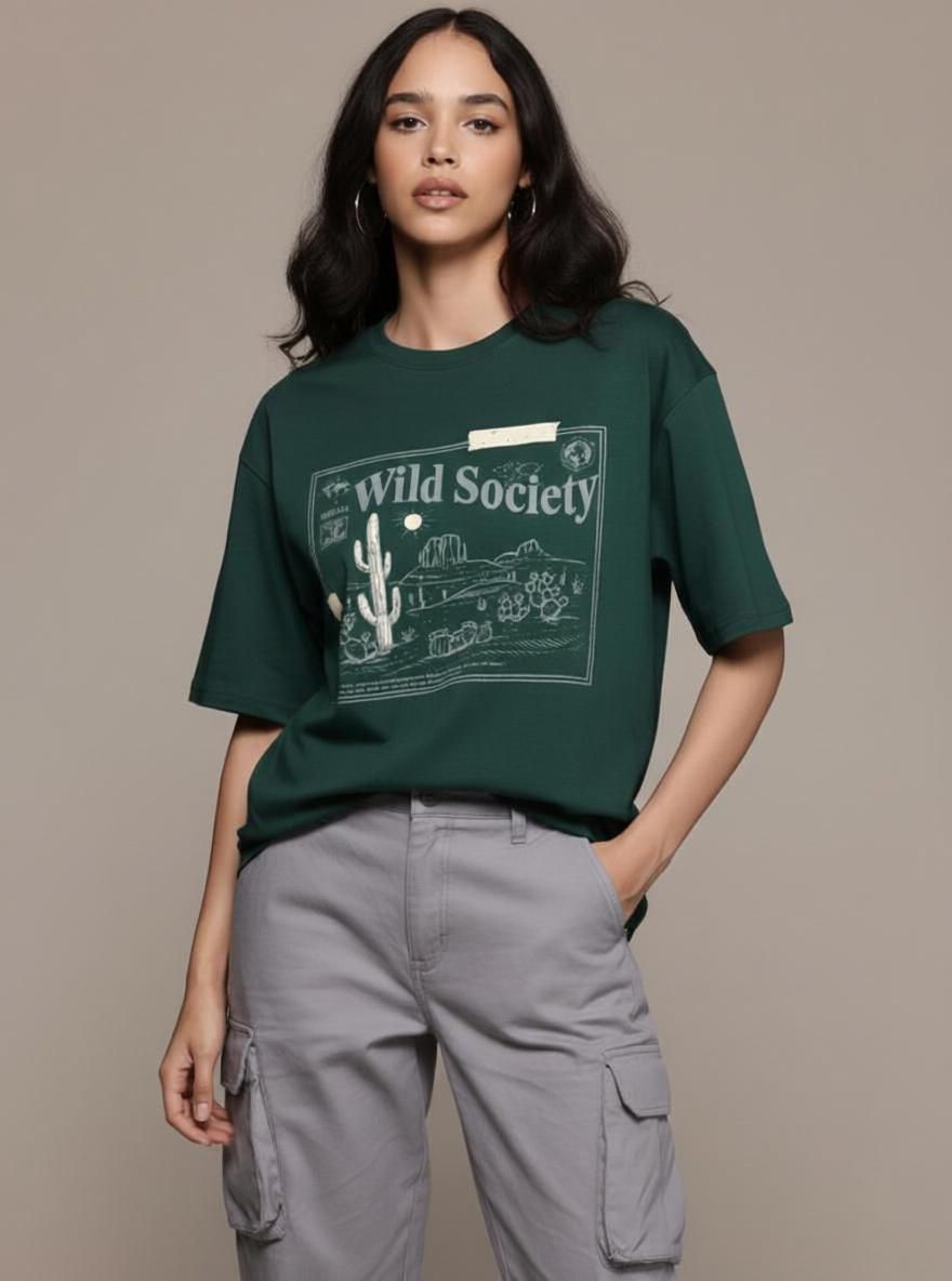 Women Graphic Print Round Neck Pure Cotton Dark Green T-Shirt-image-23