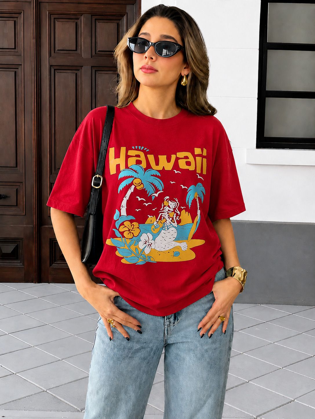 fabflee Women Printed Round Neck Cotton Blend Red T-Shirt-picture-44