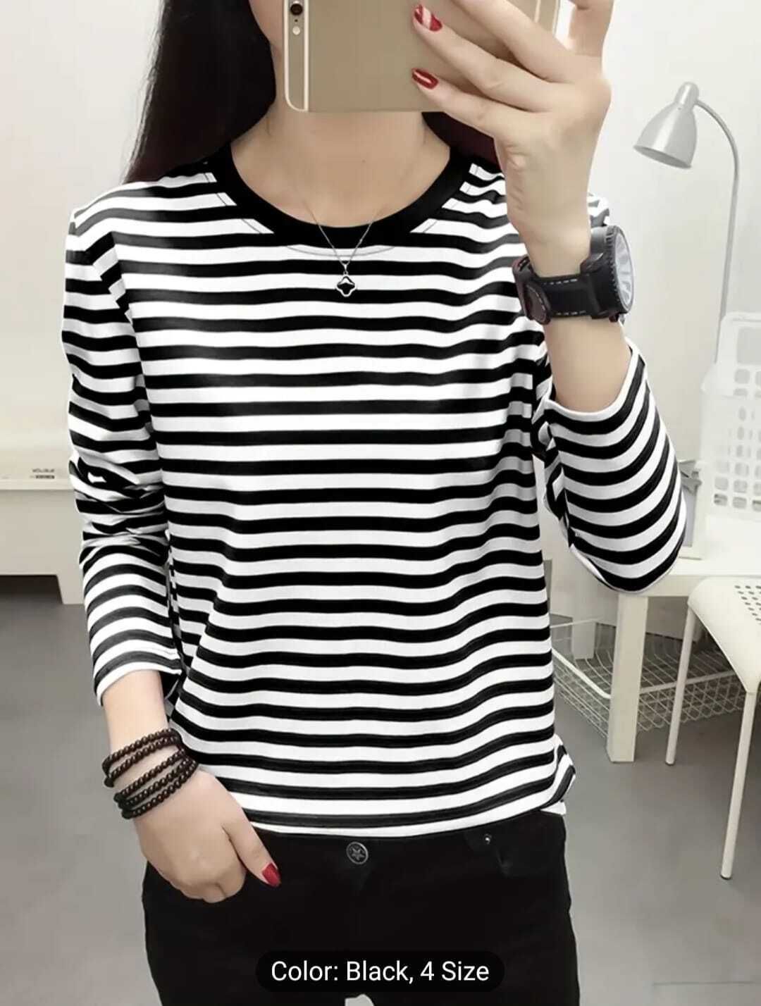 Women Striped Round Neck Cotton Blend Black T-Shirt-image-19