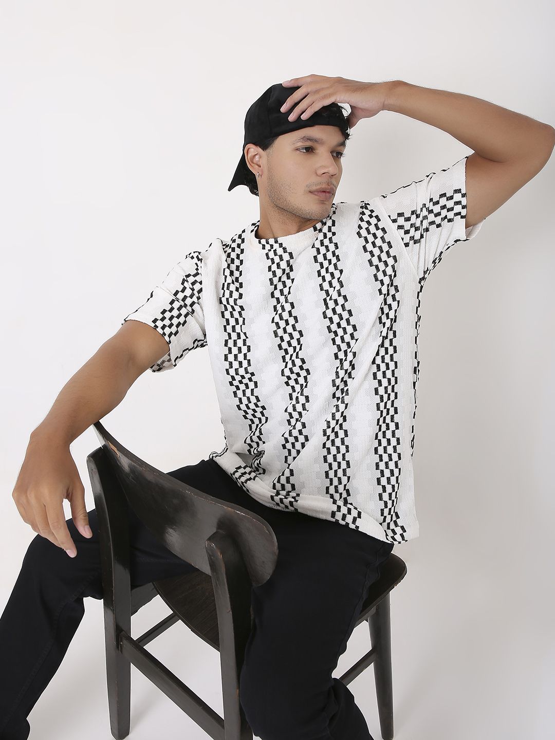 blnk Men Checkered, Geometric Print Polo Neck Cotton Blend White, Black T-Shirt-picture-6