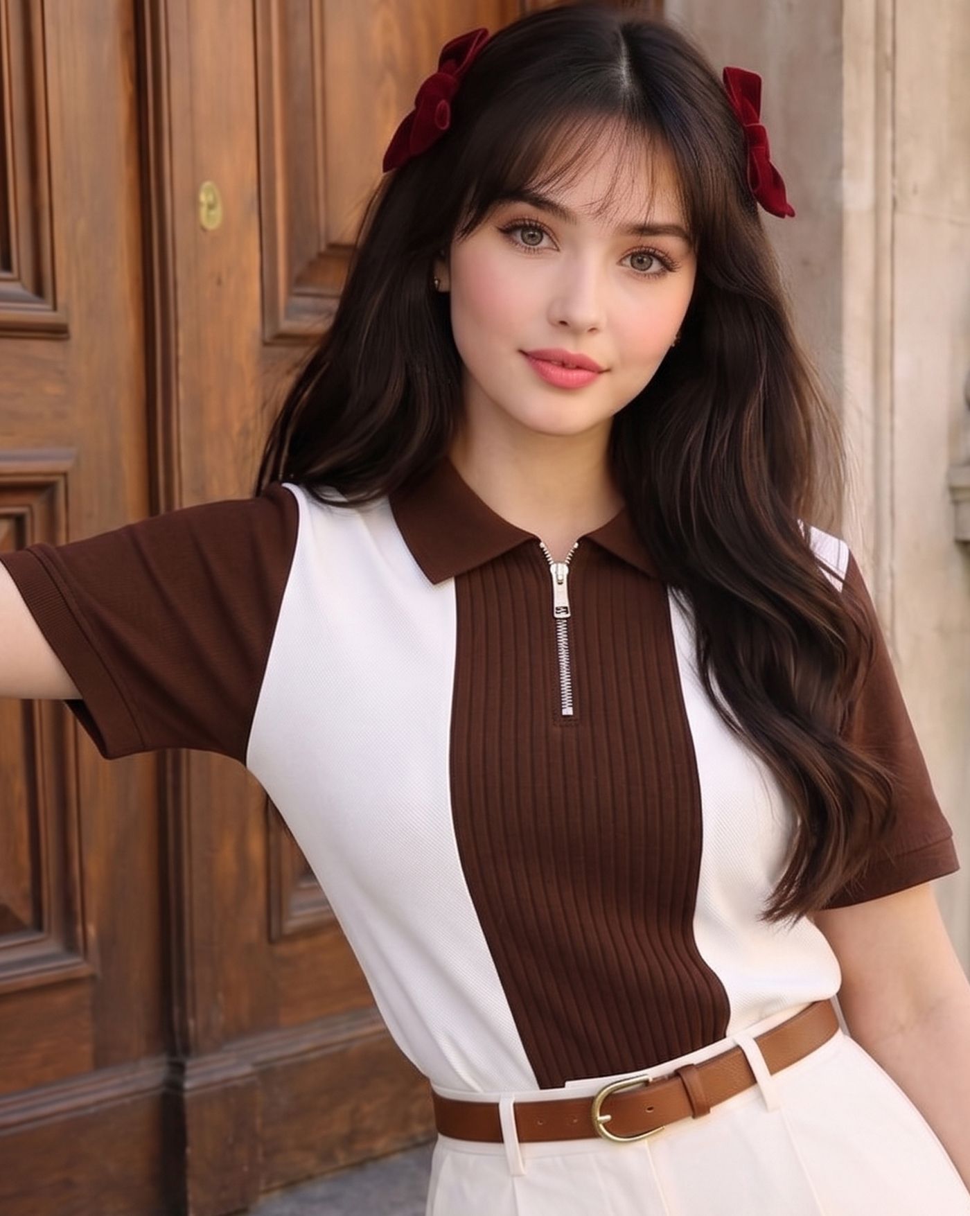 Women Colorblock Polo Neck Cotton Blend White, Brown T-Shirt-image-41