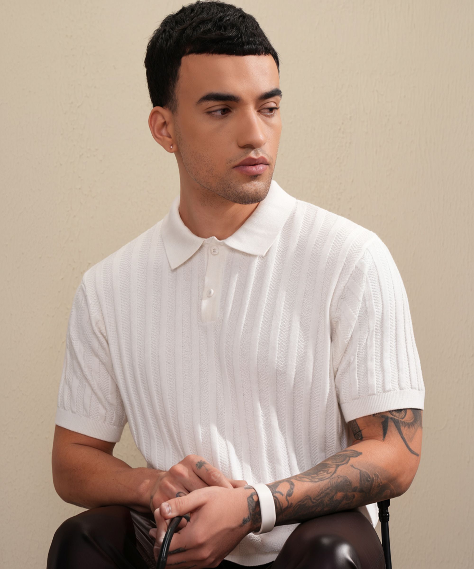 highlander Men Self Design Polo Neck Pure Cotton White T-Shirt-picture-10