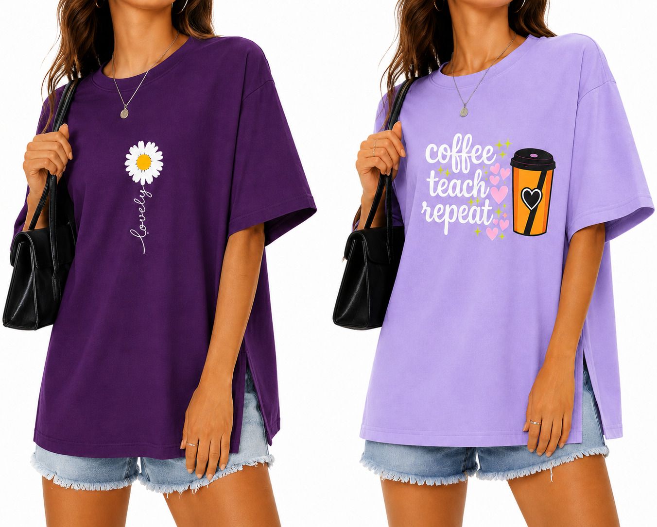 Pack of 2 Women Floral Print, Typography Round Neck Cotton Blend Black, Pink, Purple, Beige T-Shirt-image-45