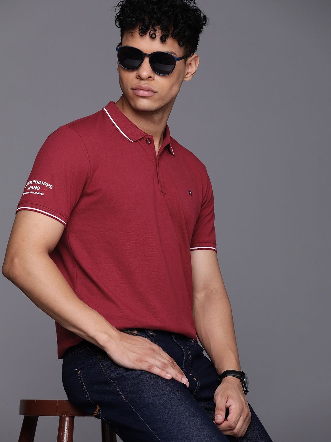 louis philippe jeans Men Solid Polo Neck Pure Cotton Maroon T-Shirt-picture-14