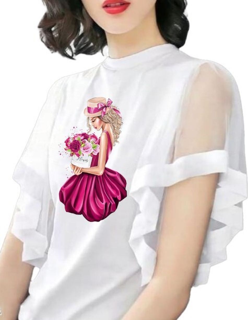 Women Printed High Neck Polyester White T-Shirt-image-2