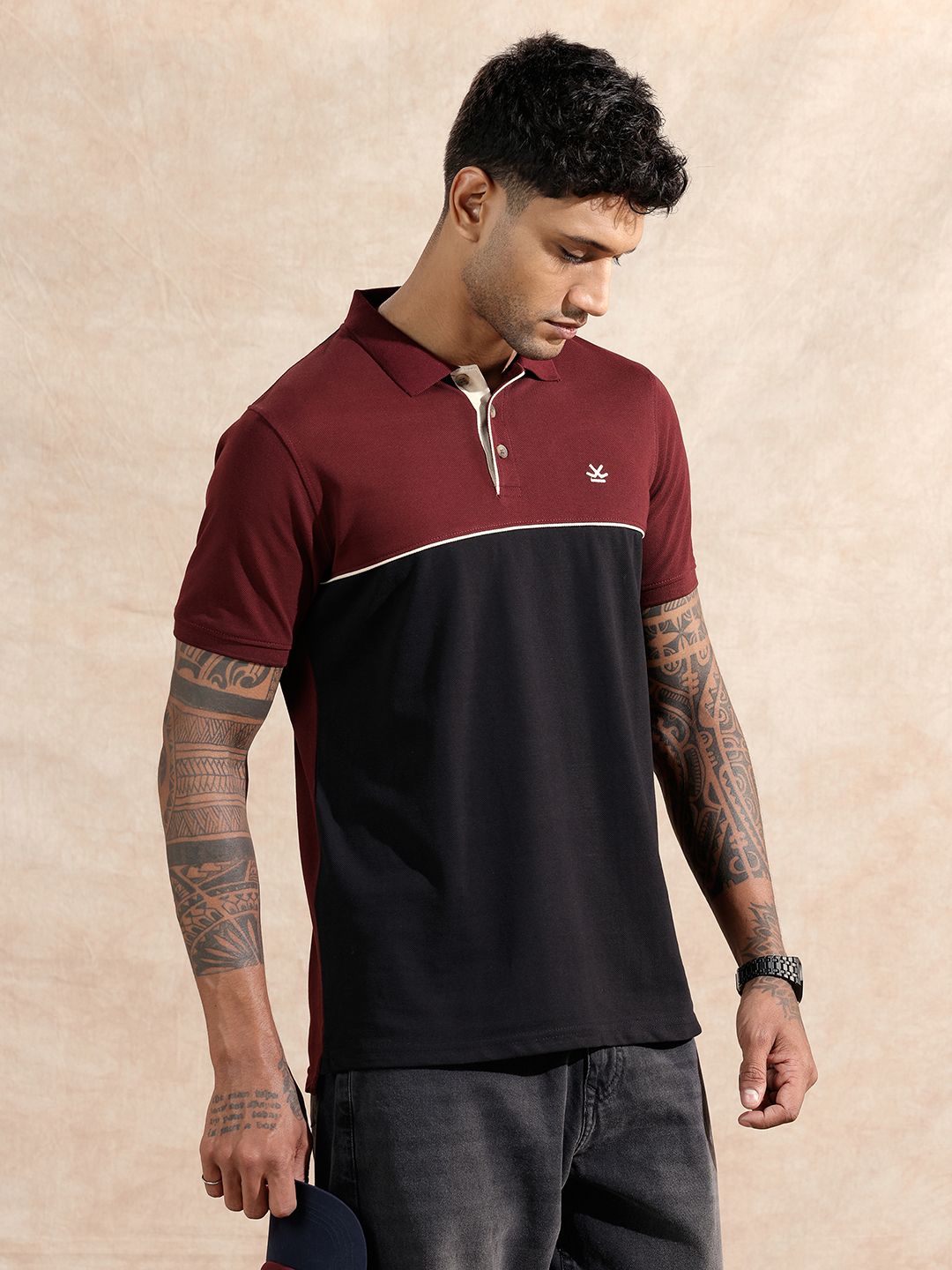 wrogn Men Solid Polo Neck Pure Cotton Maroon T-Shirt-picture-31