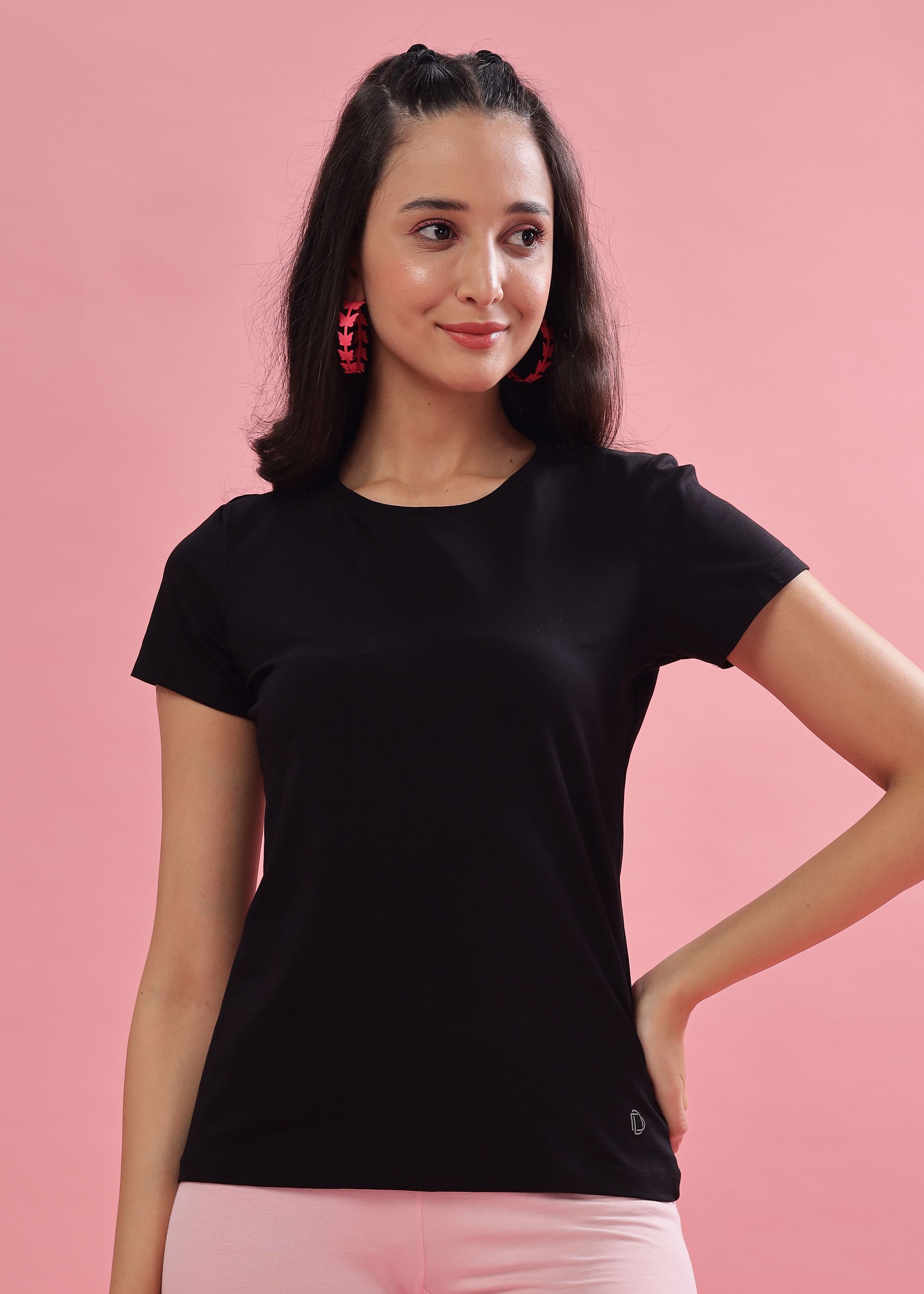 dollar Women Solid Crew Neck Cotton Blend Black T-Shirt-picture-34