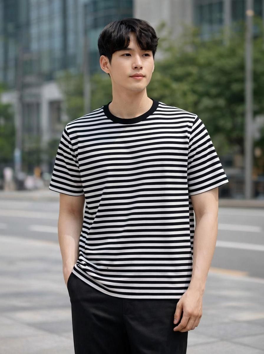 cottoncrest Men Striped Round Neck Cotton Blend Black T-Shirt-picture-11